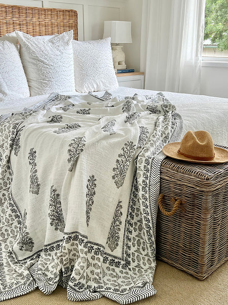 Grey Floral Stem White Throw