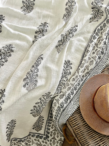 Grey Floral Stem White Throw