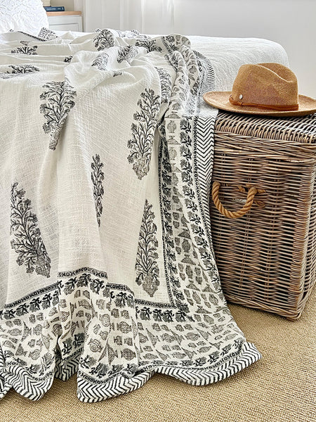 Grey Floral Stem White Throw