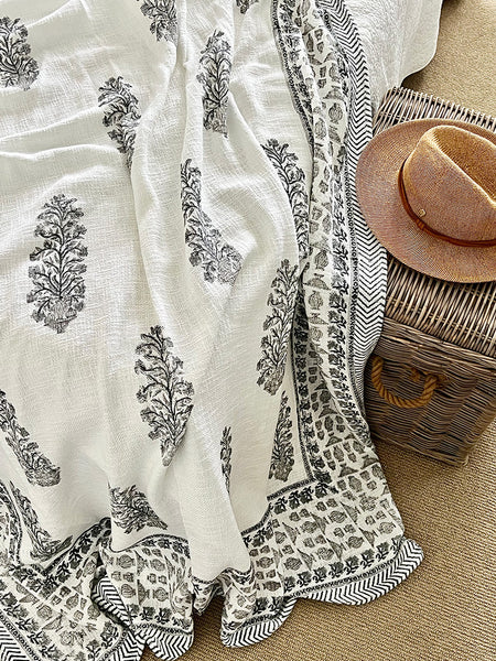 Grey Floral Stem White Throw