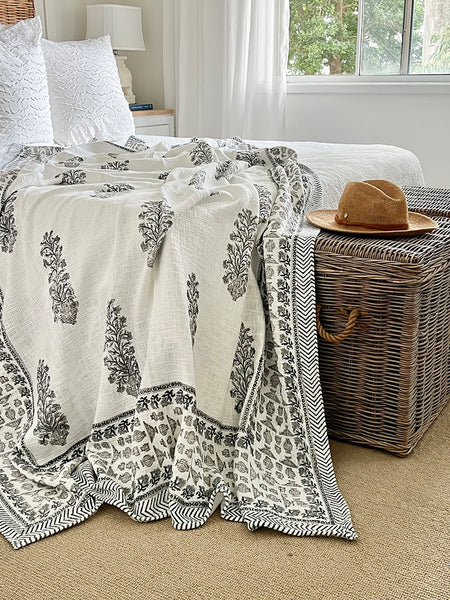 Grey Floral Stem White Throw