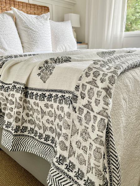 Grey Floral Stem White Throw