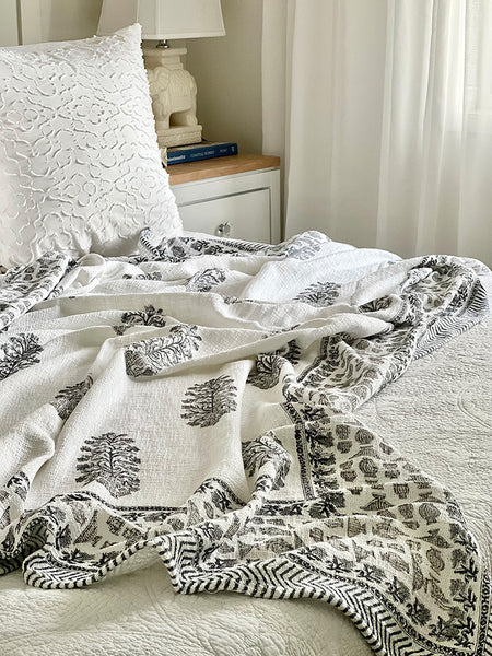 Grey Floral Stem White Throw