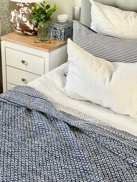 Indigo Geometric Floral Buti Block Print Kantha Coverlet