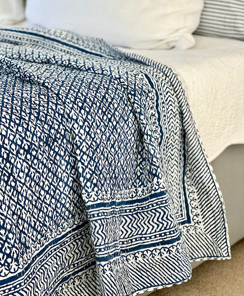 Indigo Geometric Floral Buti Block Print Kantha Coverlet