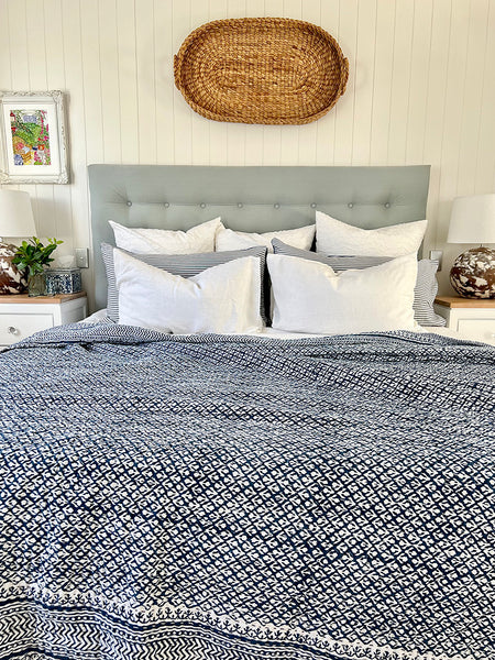 Indigo Geometric Floral Buti Block Print Kantha Coverlet