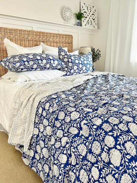 Cobalt Blue Chrysanthemum Queen/King Size Kantha Coverlet / Bedspread 230cmx267cm (Copy)