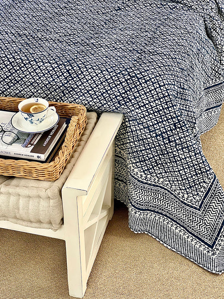 Indigo Geometric Floral Buti Block Print Kantha Coverlet
