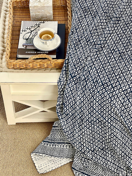 Indigo Geometric Floral Buti Block Print Kantha Coverlet