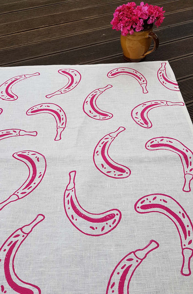 Bananas in Pink Linen Teatowel