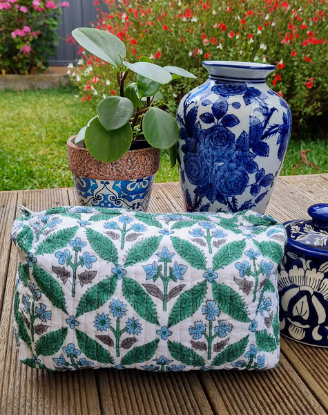 Blue Green Block Printed Floral Lattice Toiletry Pouch / Bag