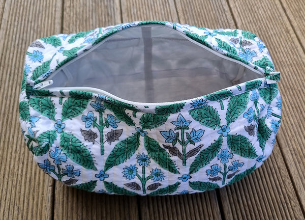 Blue Green Block Printed Floral Lattice Toiletry Pouch / Bag