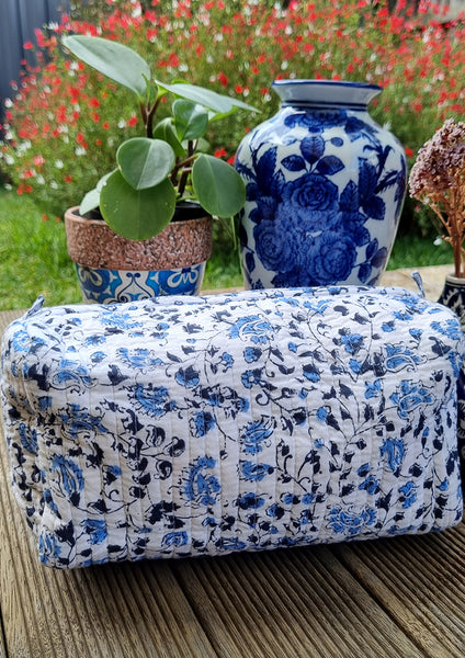 Blue White Block Printed Ditsy Floral Toiletry Pouch / Bag