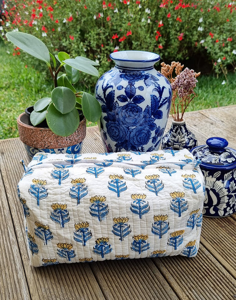 Blue White Lotus Buti Block Printed Toiletry Pouch / Bag