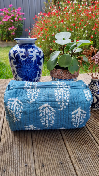 Steel Blue White Paisley Buti Block Printed Toiletry Pouch / Bag
