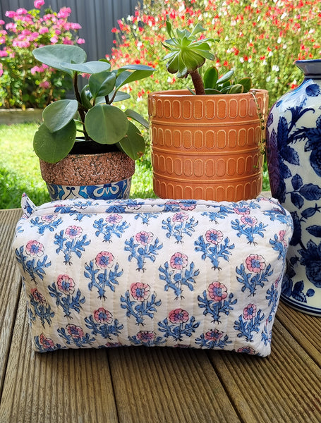 Blue Pink Wildflower Block Printed Toiletry Pouch / Bag