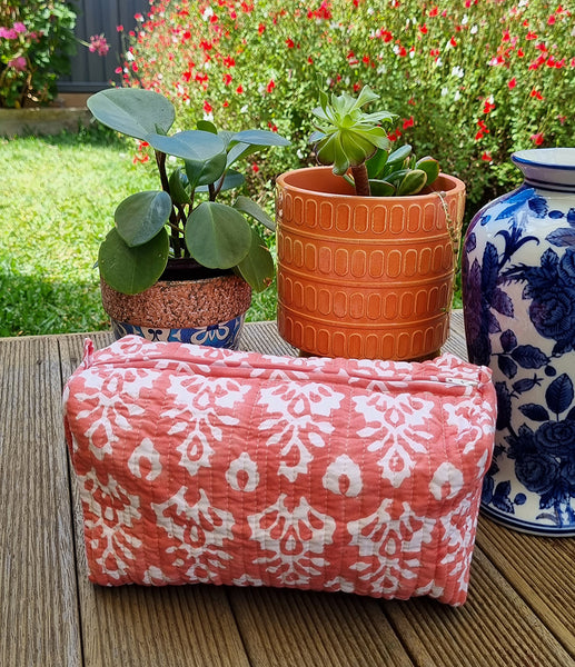 Peach Tribal Ikat Block Printed Toiletry Pouch / Bag