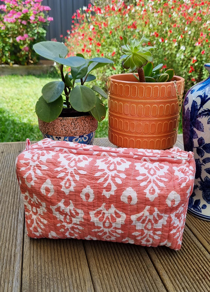 Peach Tribal Ikat Block Printed Toiletry Pouch / Bag