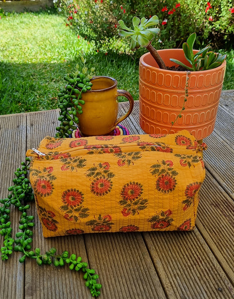 Mustard Brick Daisy Floral Block Printed Toiletry Pouch / Bag
