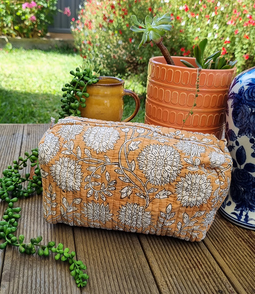 Mustard Floral Block Printed Toiletry Pouch / Bag