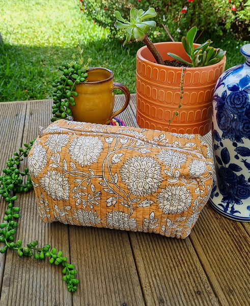 Mustard Floral Block Printed Toiletry Pouch / Bag