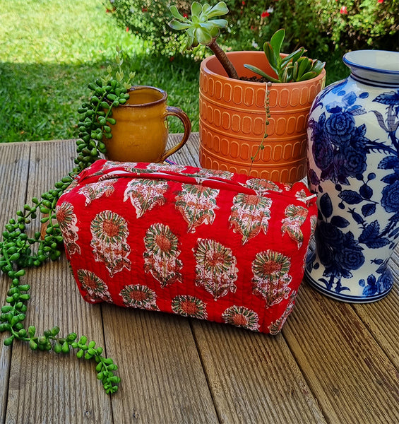 Red / Green Daisy Floral Block Printed Toiletry Pouch / Bag
