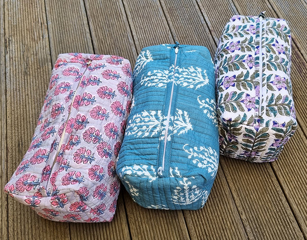 Blue Pink Wildflower Block Printed Toiletry Pouch / Bag
