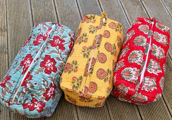 Teal/ Red  Gulmohar Floral Block Printed Toiletry Pouch / Bag