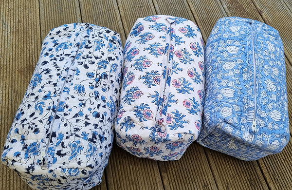 Blue White Block Printed Ditsy Floral Toiletry Pouch / Bag