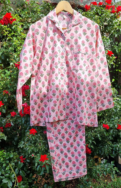 Pink Marigold Floral Buti Pyjama Set