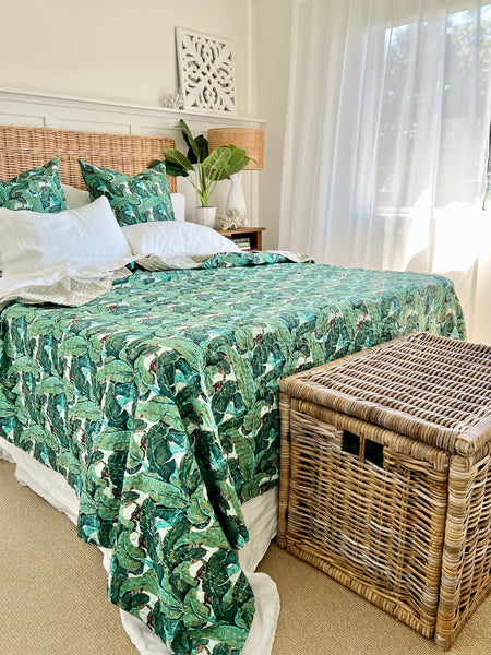 Tropical Banana Leaves Queen/King Size Kantha Coverlet / Bedspread 230cmx267cm