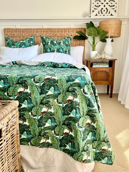 Tropical Banana Leaves Queen/King Size Kantha Coverlet / Bedspread 230cmx267cm