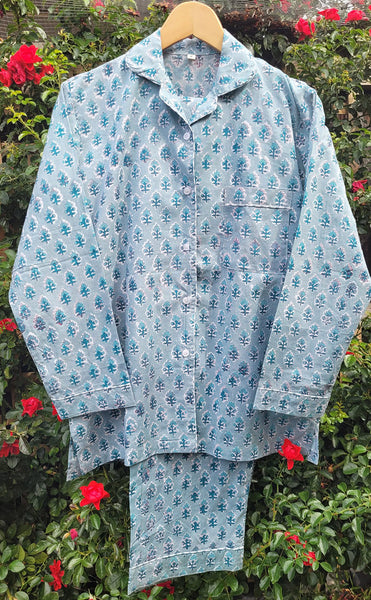 Blue Grey Jaipur Floral Buti Pyjama Set