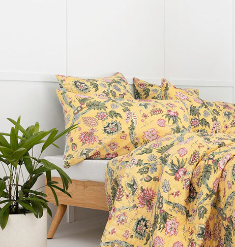 Mint / Yellow Floral Vine Cotton Pillowcase / Euro