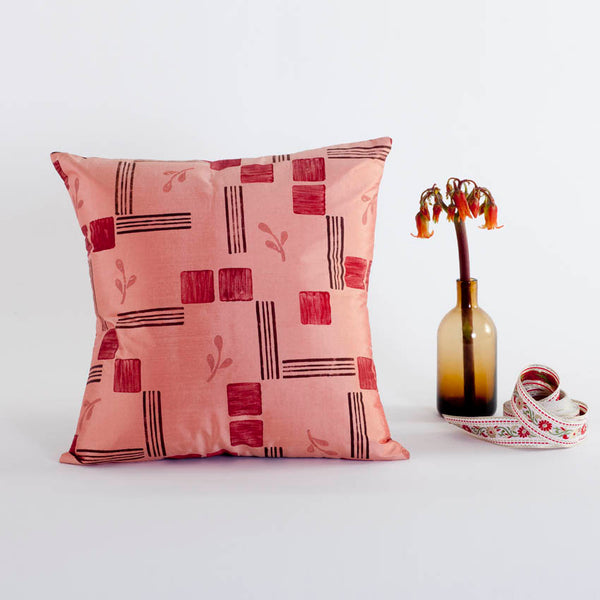 Retro Salmon Pink Woodblock Handblockprinted Cushion