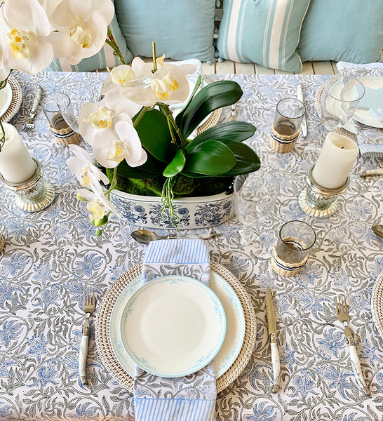 Art Deco Powder Blue Floral Vine Tablecloth TB3