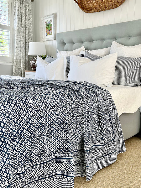 Indigo Floral Buti Kantha Bedspread KB7