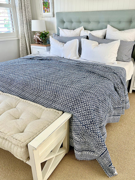 Indigo Floral Buti Kantha Bedspread KB7