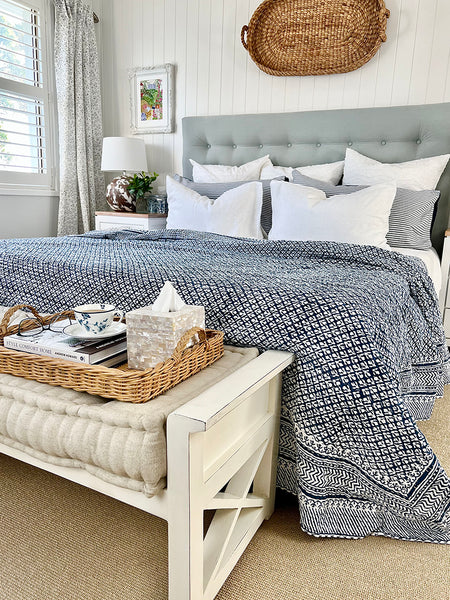 Indigo Floral Buti Kantha Bedspread KB7