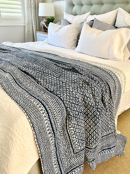 Indigo Floral Buti Kantha Bedspread KB7