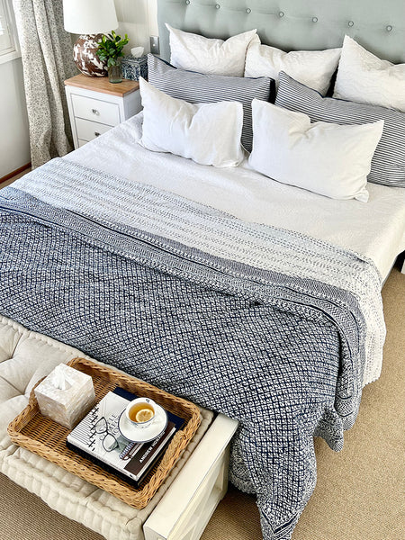 Indigo Floral Buti Kantha Bedspread KB7