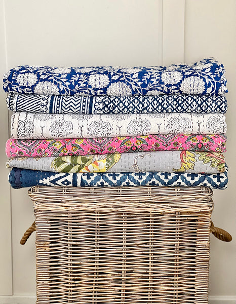 Indigo Floral Buti Kantha Bedspread KB7