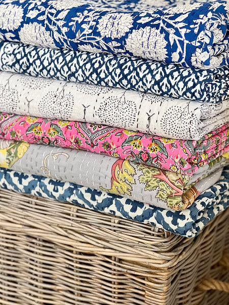 Indigo Floral Buti Kantha Bedspread KB7