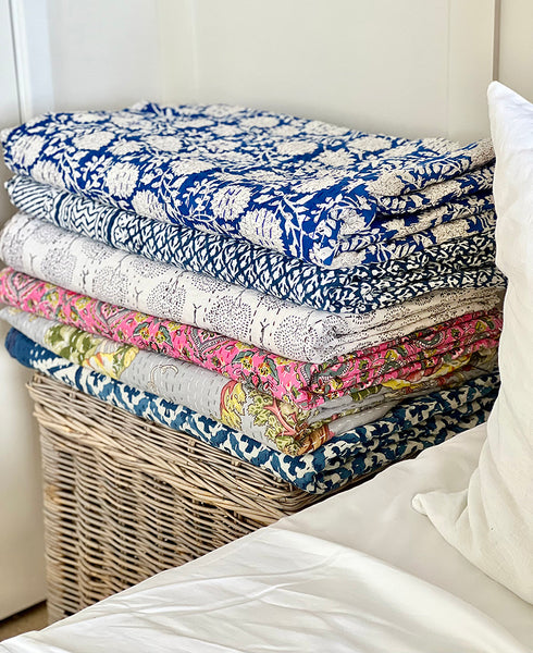 Indigo Floral Buti Kantha Bedspread KB7